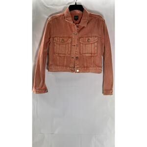 GAP DENIM Women's Pink Flamingo Button-Front Denim Utility Cropped Jacket SZ XS